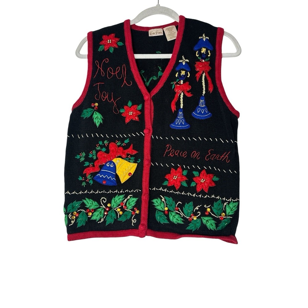 Vintage Bobbie Brooks Vest Sweater Women's Large Embroidered Holidays Christmas